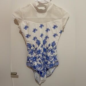 Elegant White and Blue Floral Leotard with skirt